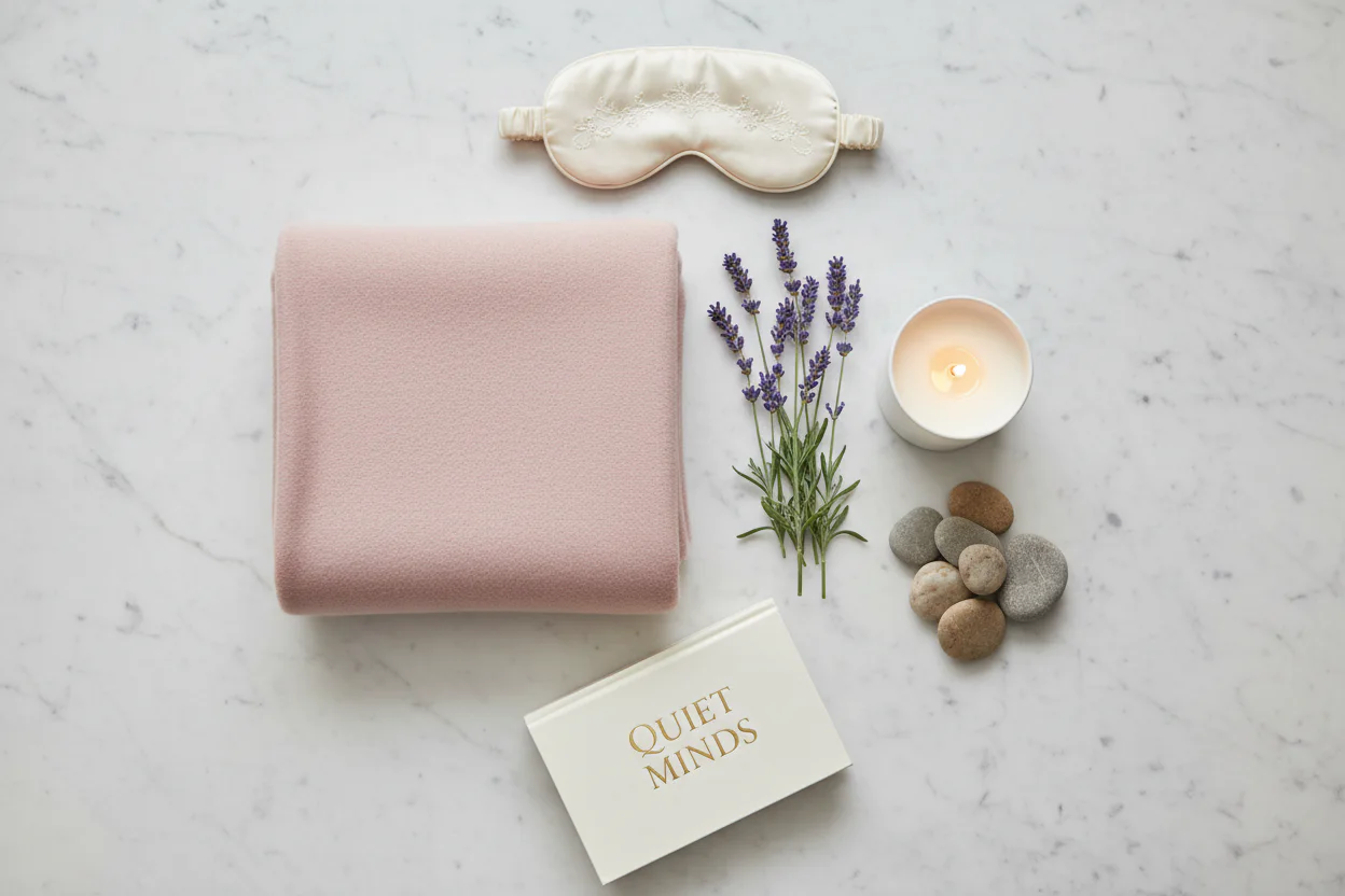 Sleep mask, textiles, and quiet materials for comfort and rest