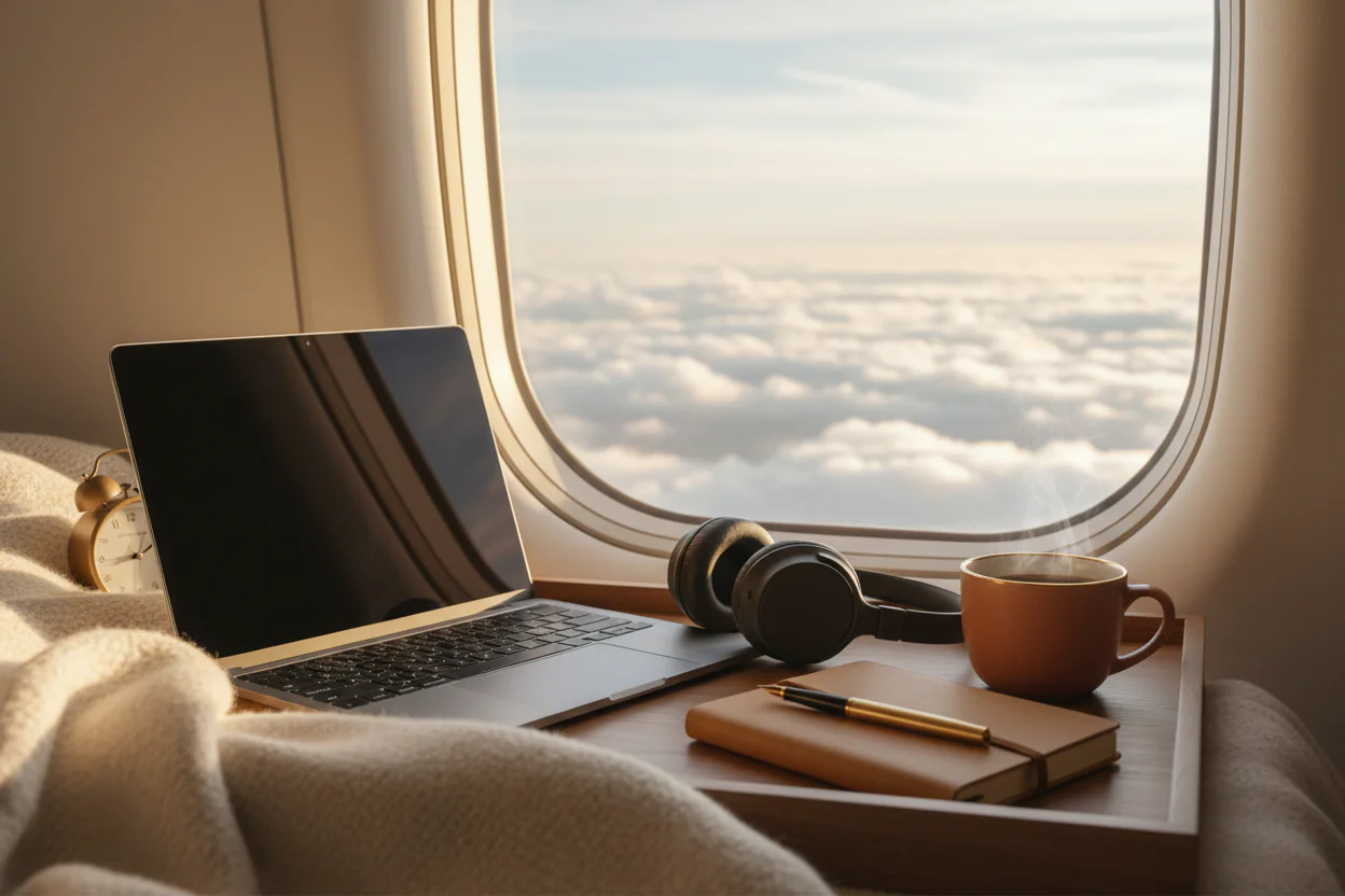 Mobile workspace by an aircraft window for productivity and focus