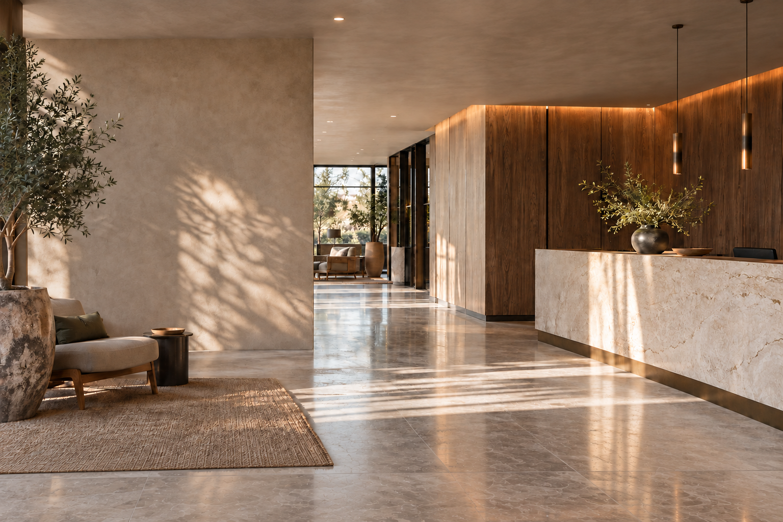 Dark LEONIX lobby with reception desk, warm lighting, wood texture and calm premium atmosphere